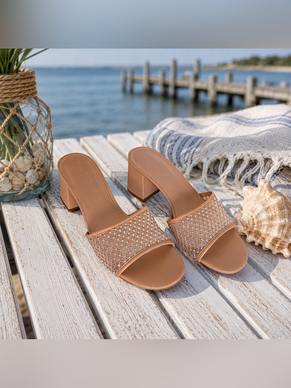 J.Crew Nude Rhinestone Mesh Mule Heels NIB Size 8